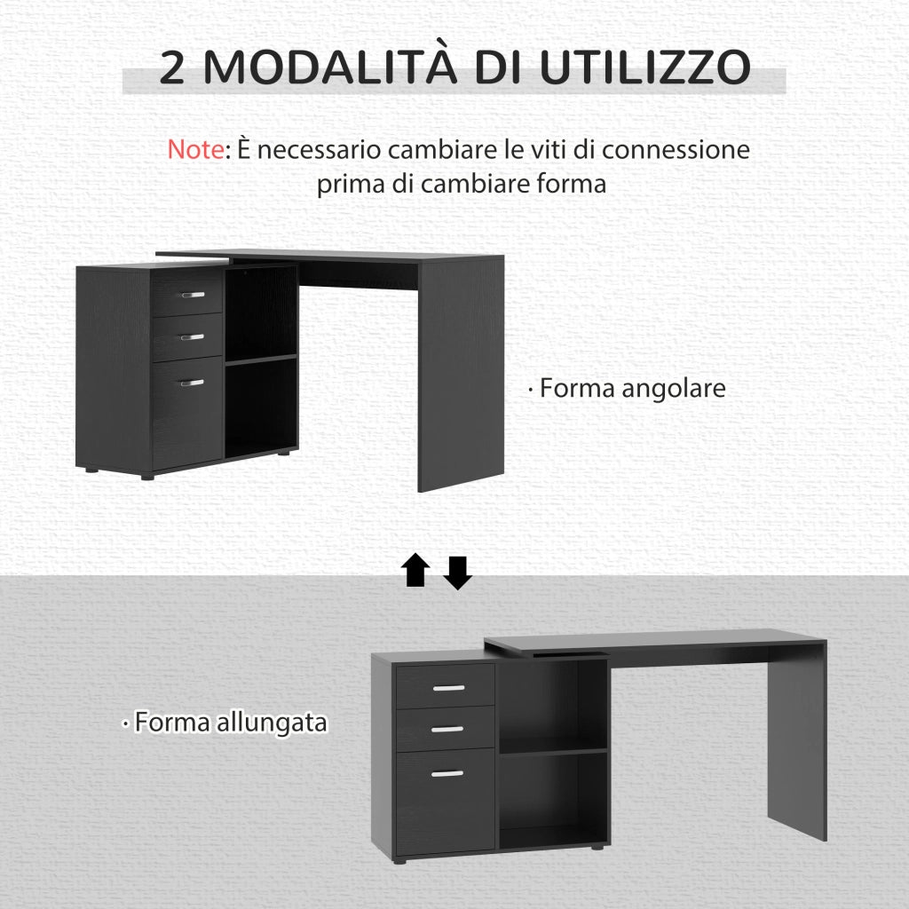Scrivania Angolare per PC con Cassetti e Ripiani ¨C Minimal ¨C Legno e Metallo, 117x83.5x76 cm, Nero