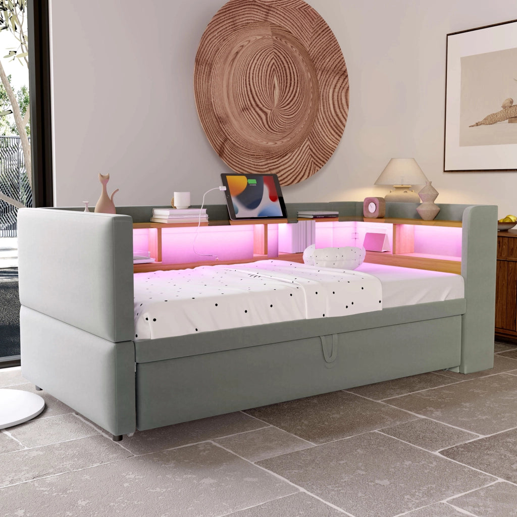 DIVANO LETTO Estraibile 90/180 x 190 cm Grigio Chiaro con LED e prese