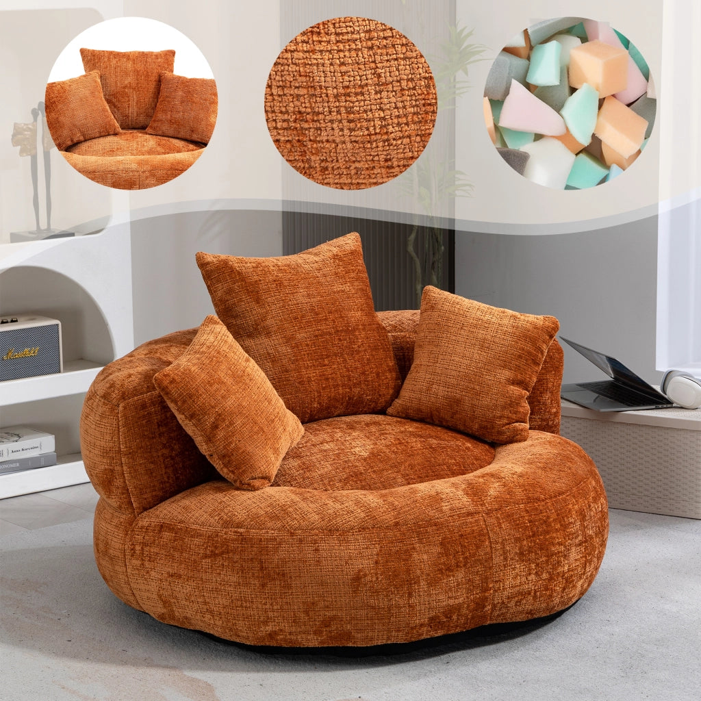 Poltrona sacco per adulti in ciniglia arancione con schienale ergonomico; 108x108x52 cm