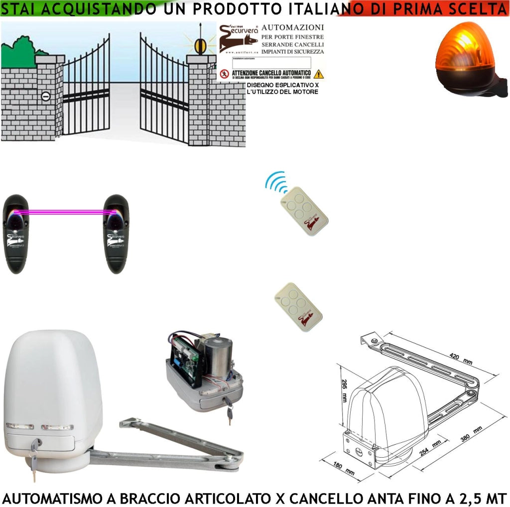AUTOMAZIONE CANCELLO KIT MOTORE A BRACCIO ARTICOLATO 230/24 V ANTA BATTENTE DA 0,5 A 2,5 MT CENTRALE RADIOCOMANDI FARO FOTOCELLULE