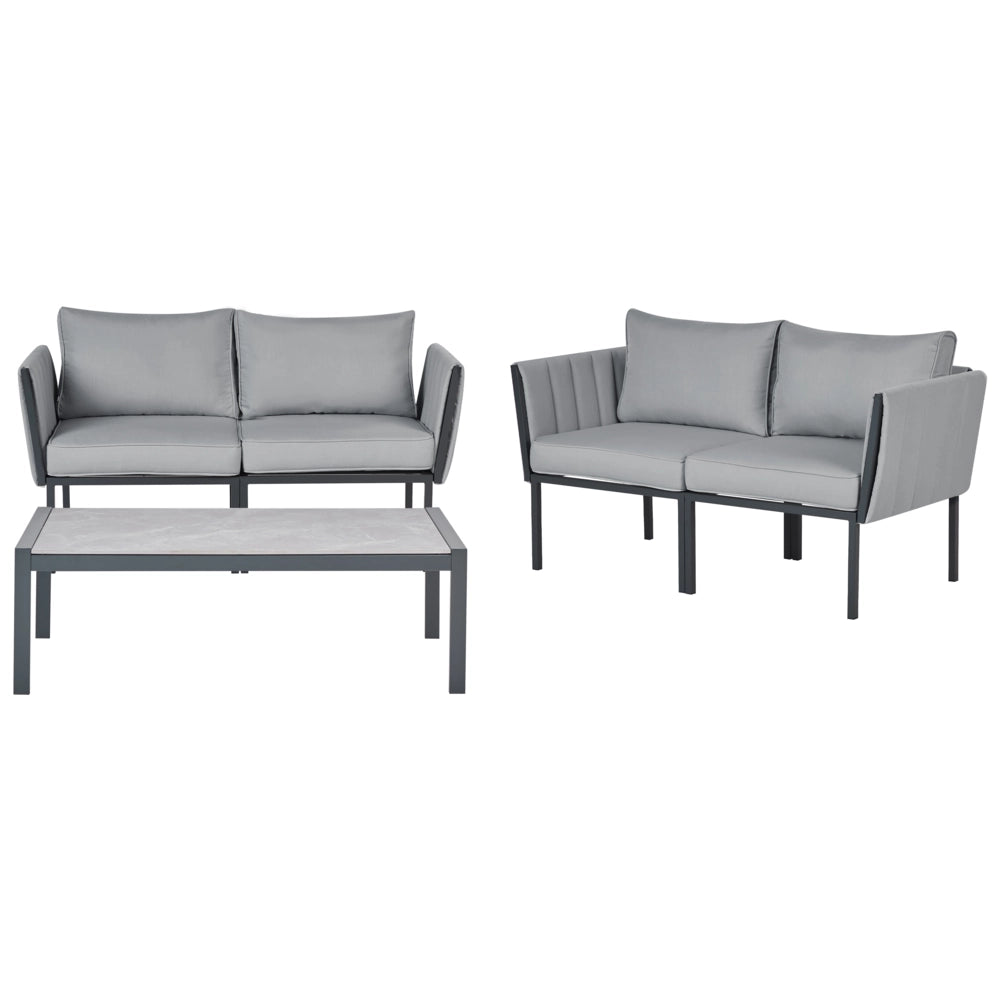 Set da giardino 5 posti con divano 2 poltrone grigio scuro in acciaio con Cuscini