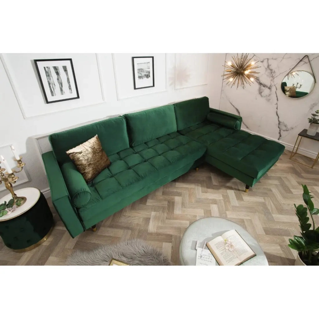 Divano ad angolo KOLIRI verde smeraldo – 4 posti – Angolo destro – Divano di design in velluto e legno massiccio