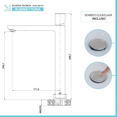 Set di rubinetti lavabo alto e bidet color nichel con piletta Lotus