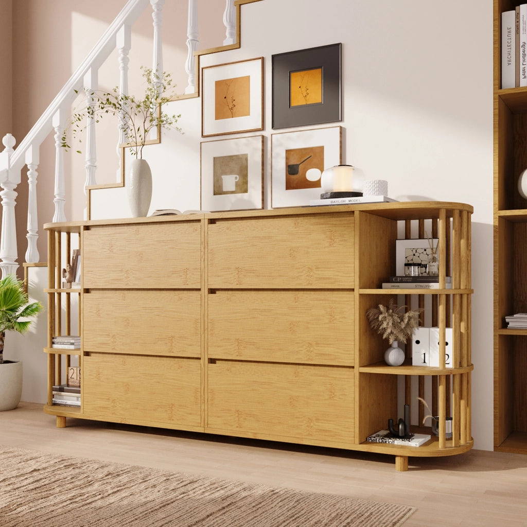 CREDENZA 160x40x75 cm in MDF e bambù effetto quercia, 6 cassetti e ripiani aperti