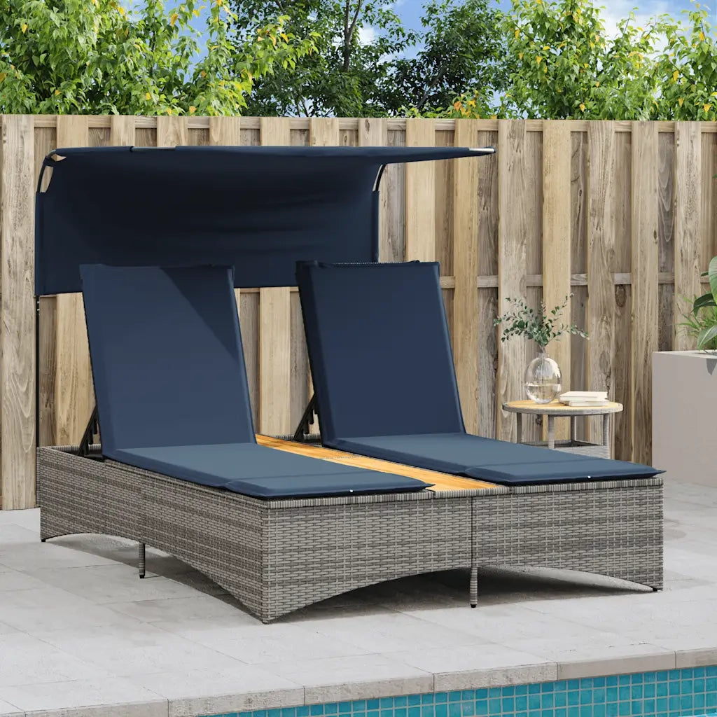 Lettino prendisole doppio con baldacchino e cuscini grigio in polyrattan 365624