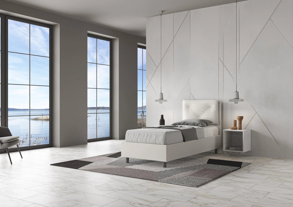 BS COM Letto singolo con rete imbottito 80x200 similpelle bianco
