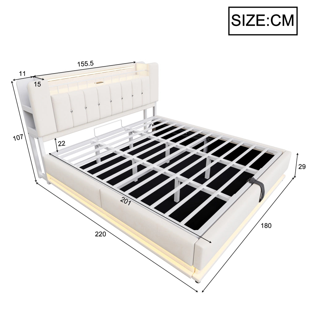 LETTO Imbottito 180x200 cm Beige con LED, USB e contenitore idraulico
