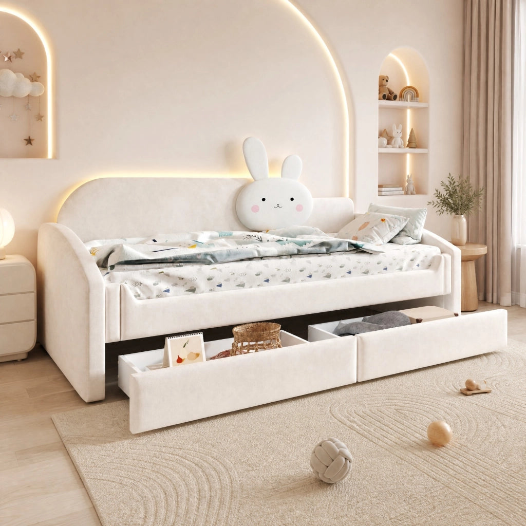 LETTO SOFA 90x200 cm in velluto beige con LED e 2 cassetti