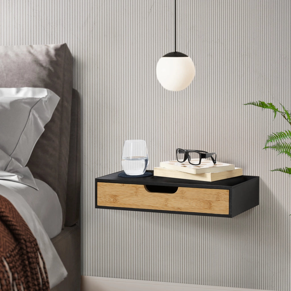 Set Bokn di 2 Mensole con Cassetto Integrato 40 x 24 x 8 cm Bambù - Nero [en.casa]