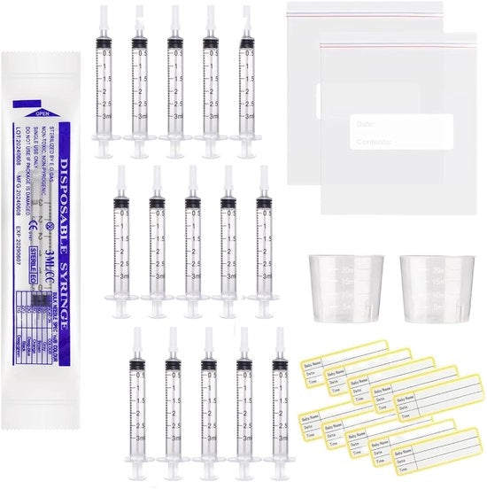 Kit di iniezione a spruzzo 30 pezzi 3 ml - Spremitore di colostro senza ago - Canna graduata 20 ml - Doppiette - Sacchetti chiusi - Materiale BPA-free - Iniettore a spruzzo