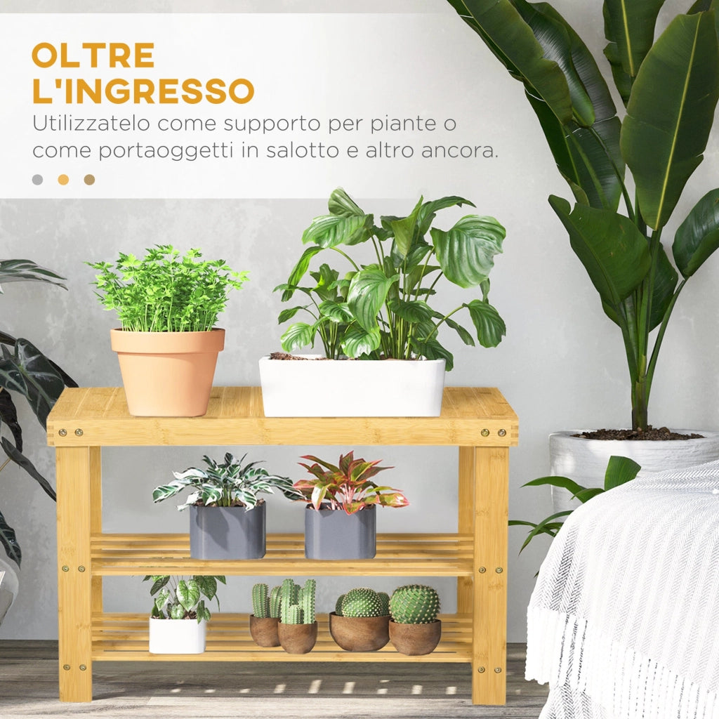 Panca Scarpiera 70x28x45 cm con 2 Ripiani a Doghe e Seduta in Bambù