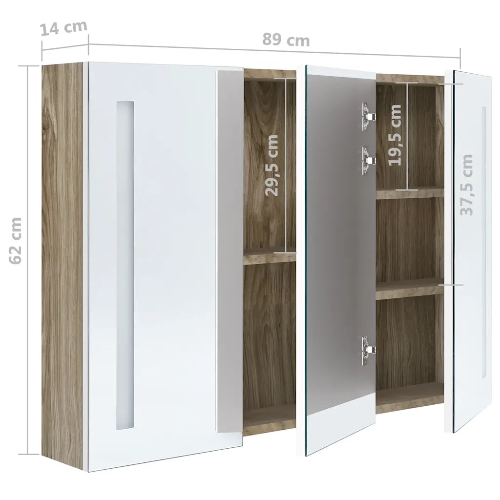 Armadietto Bagno con Specchio e LED 89x14x62 cm Bianco e Rovere 326530