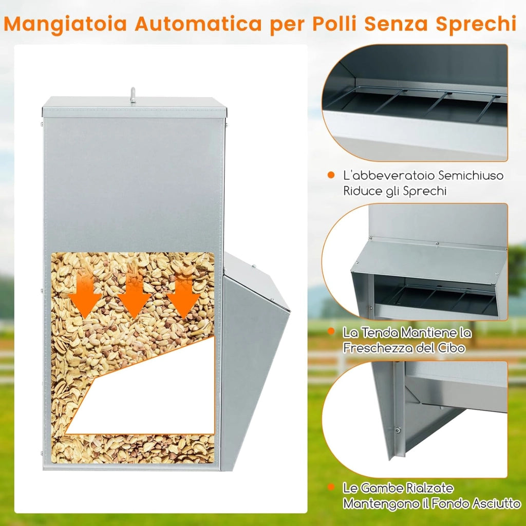 Mangiatore per Galline da 22kg in Acciaio Zincato, Mangiatoia Automatica a Muro con Coperchio, Forniture Agricole per Polli, Anatre, Tacchini e Oche, 35 x 35 x 55 cm