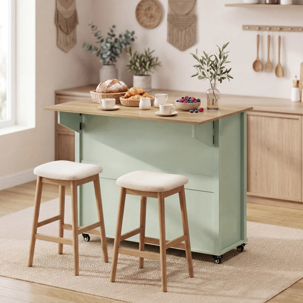 Armadio da Cucina con Ruote, Anta con Ripiani e 2 Cassetti ¨C Zephmum ¨C 117.5x70x91 cm Verde Chiaro