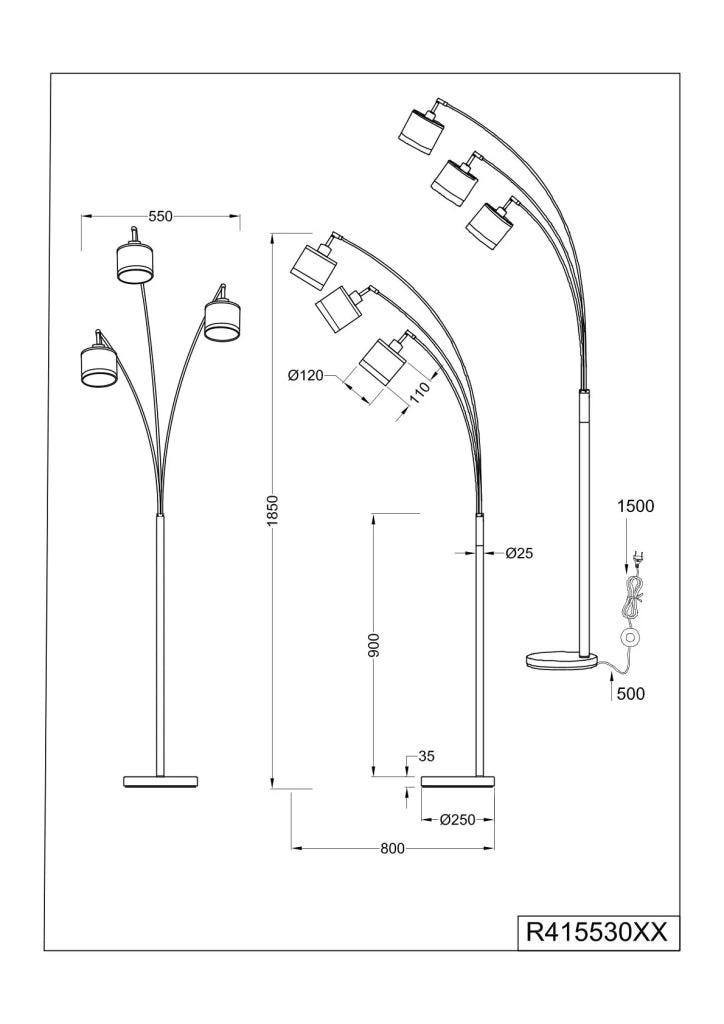 Piantana 3 paralumi, metallo, nero e tortora/oro, H 185 cm, Davos