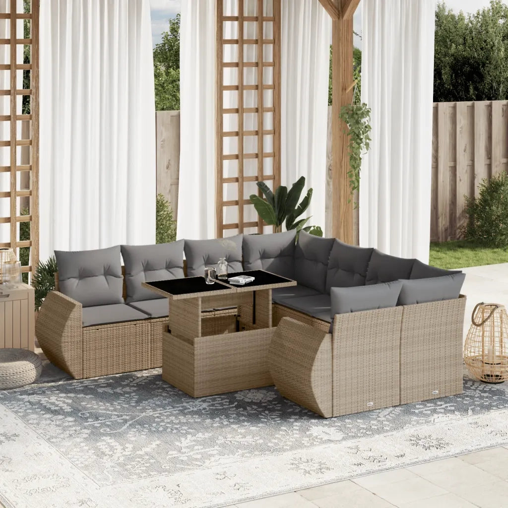Set Divano da Giardino 9 pz con Cuscini Beige in Polyrattan