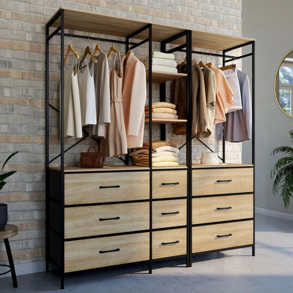 IDMarket - Armadio componibile UTAH XXL L. 150 cm con 3 ripiani e 9 contenitori in legno e tessuto nero