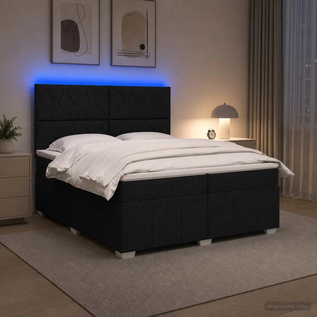 Letto Box Spring LED con Materasso Nero 200 x 200 cm Tessuto 3455691
