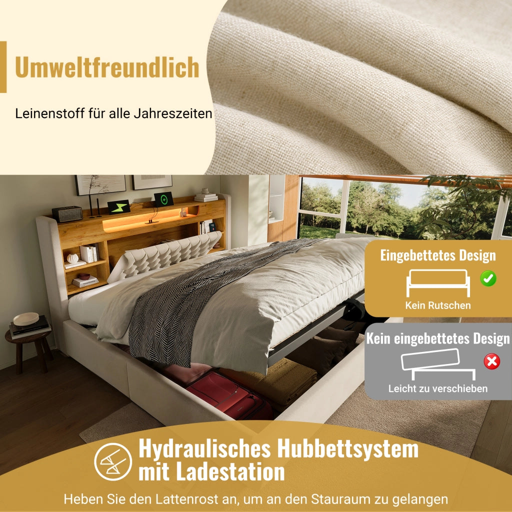 LETTO 90x200 cm in Lino Beige con LED, porte USB e testiera con ripiano