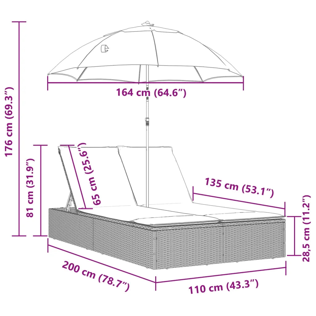 Lettino Prendisole Doppio Cuscini e Parasole Beige Polyrattan 368084