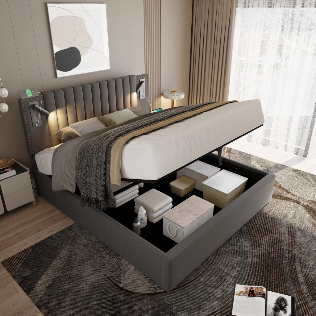 LETTO Contenitore 160x200 cm Grigio in cotone con testiera regolabile, luce e USB