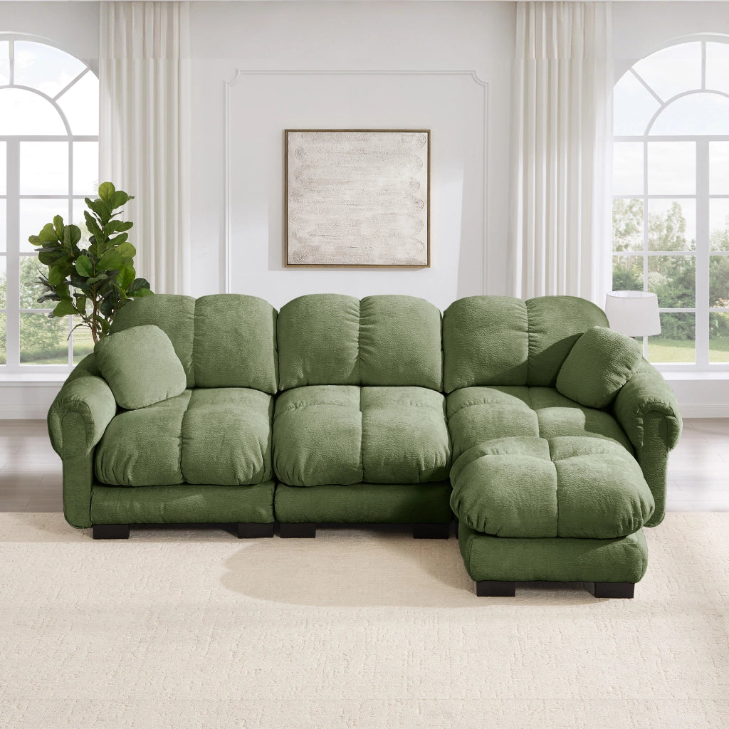 Divano angolare 3 posti con pouf mobile e 2 cuscini, schienale curvo, in ciniglia, Verde