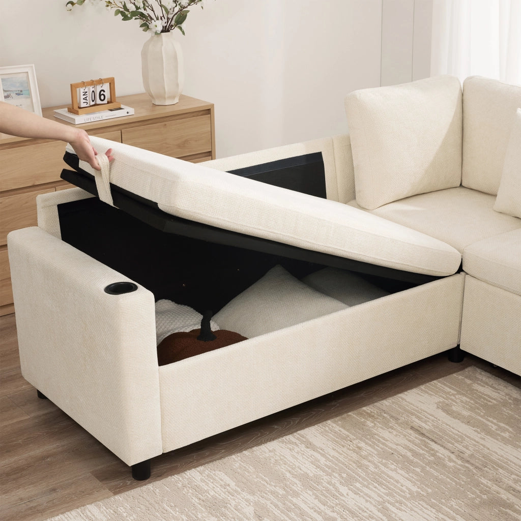 Divano angolare convertibile con vano contenitore; USB e USB-C; 4 cuscini; chenille beige