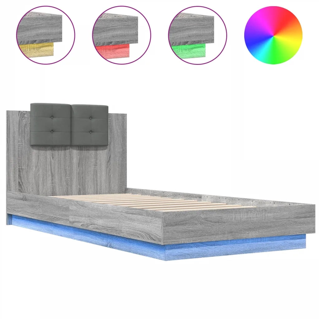 Letto singolo | Letto per adulti | Giroletto con Testiera e LED Grigio Sonoma 90x200 cm