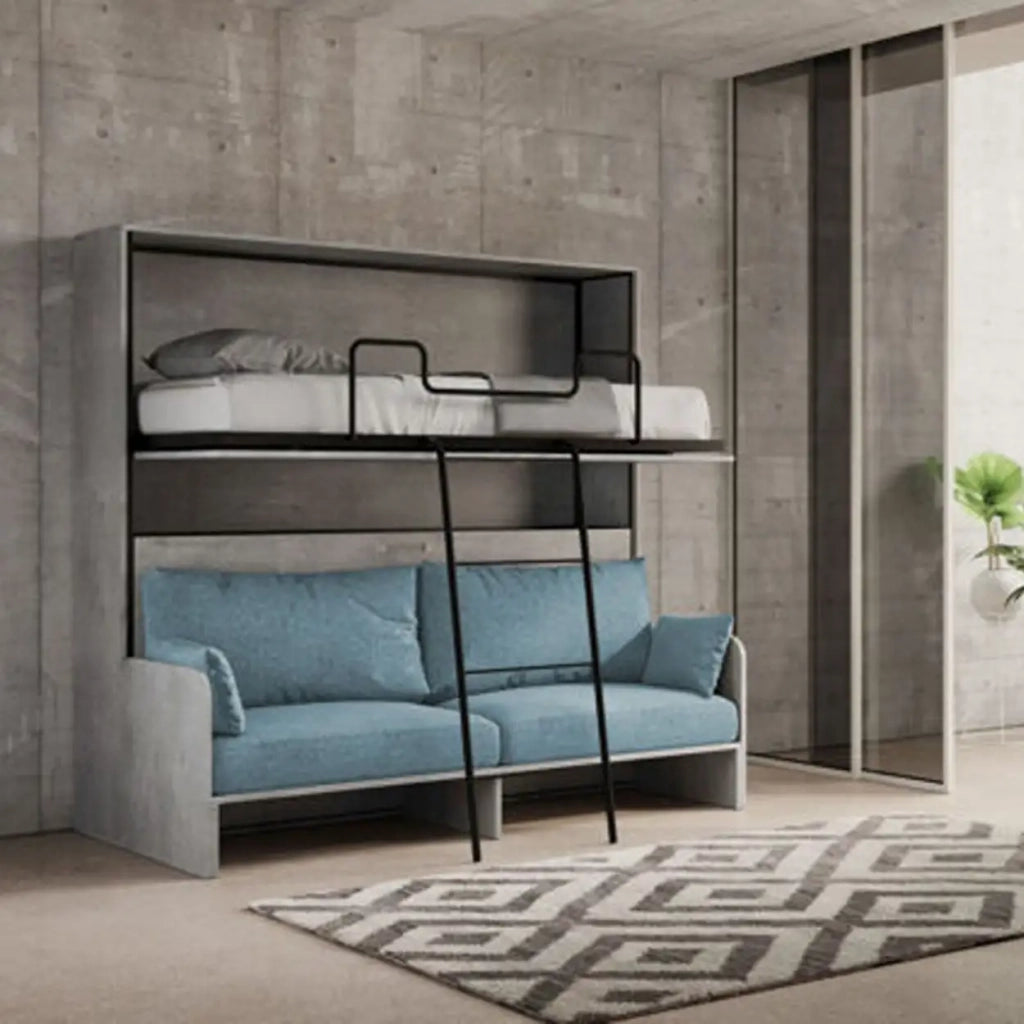 Letto doppio a scomparsa Kando con divano cemento, azzurro