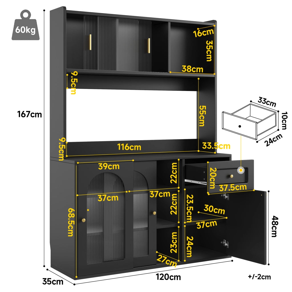 Armadio cucina con LED - Zephmum - Regolabile, vetrinetta, nero