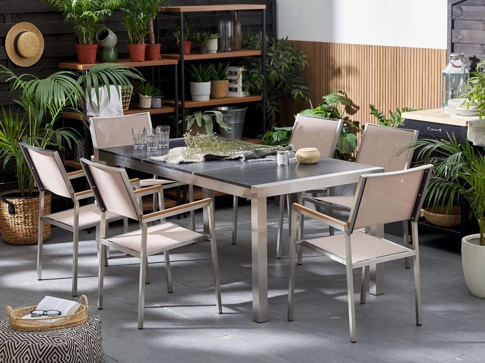 Set da Giardino Tavolo Piano Basalto Fiammato 6 Sedie Beige 180 x 90 cm Giardino Terrazzo Balcone