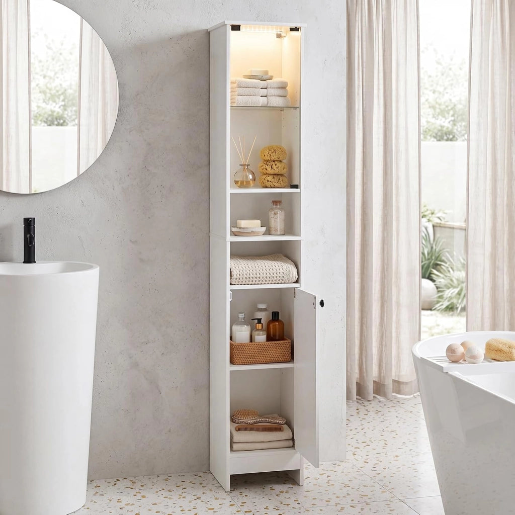Mobile Alto da Bagno, Mobiletto a Colonna Stretto con Luci LED e Telecomando, Ante in Vetro e Mensole Regolabili, Armadio Salvaspazio a Terra per Soggiorno, 30 x 30 x 170 cm (Bianco)