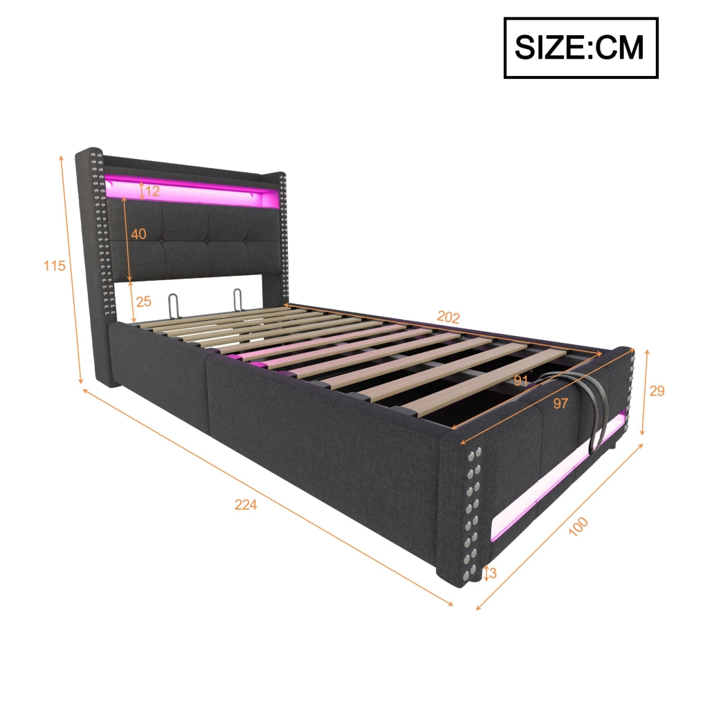 Letto imbottito 90x200 cm con LED; USB e contenitore
