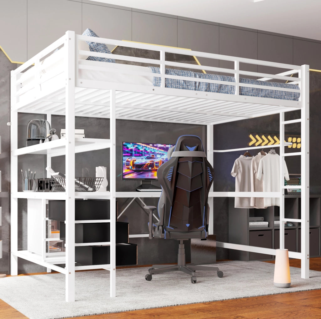 Letto a soppalco 140x200 cm con scrivania, LED, cassetti e presa USB