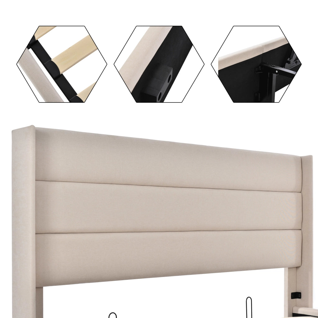 LETTO Contenitore 140x200 cm in Lino Beige con rete sollevabile
