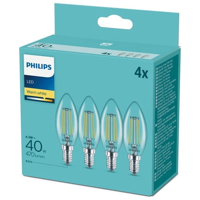 Philips Lampadina LED Candela B35 E14 Filamento 4W 470 lm 2700K Bianco Caldo Trasparente Confezione 4 Pezzi
