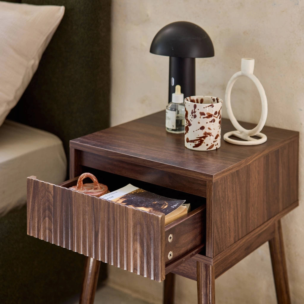 Comodino decorazione legno 1 cassetto, noce