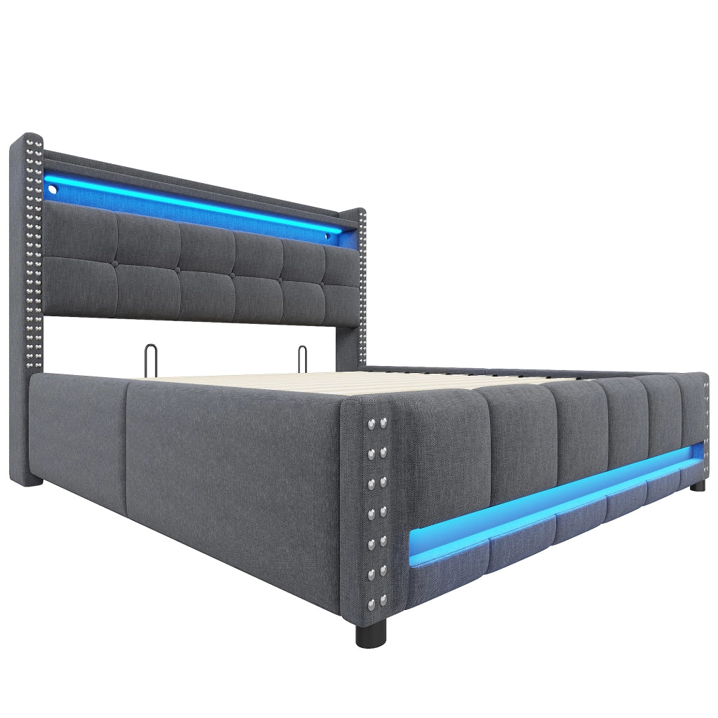 LETTO imbottito 160x200 cm grigio con LED, USB e contenitore