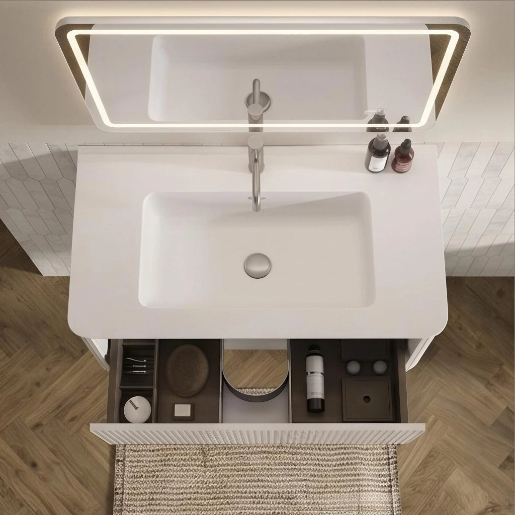 Mobile sottolavabo con lavabo e colonna bagno, con 2 elementi e vani contenitore, per bagno moderno, bianco