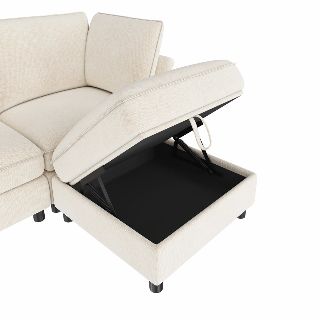 Divano ad angolo modulare 4 posti con pouf contenitore e 2 cuscini, in Chenille, Beige
