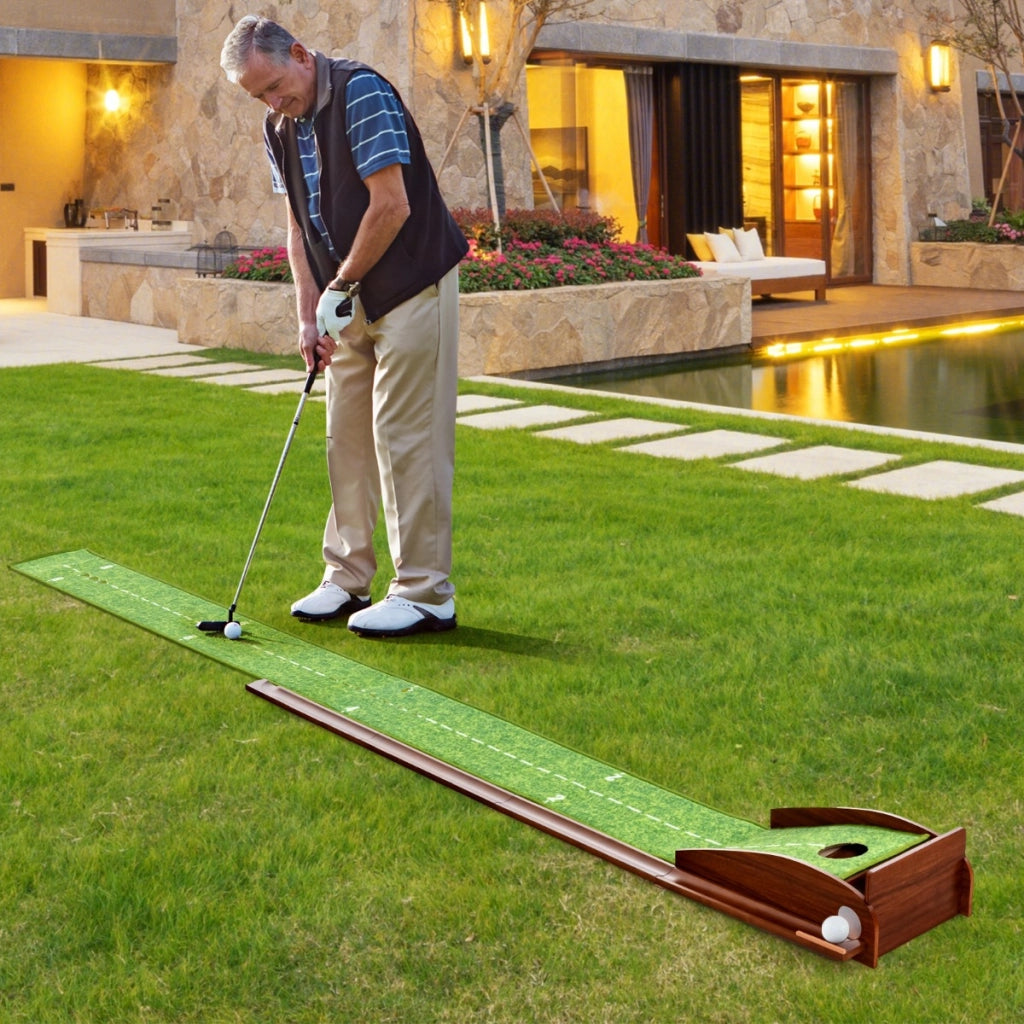 Tappetino da golf per putt con sistema automatico di ritorno della palla-Allenamento con 3 palline da golf 277x29cm