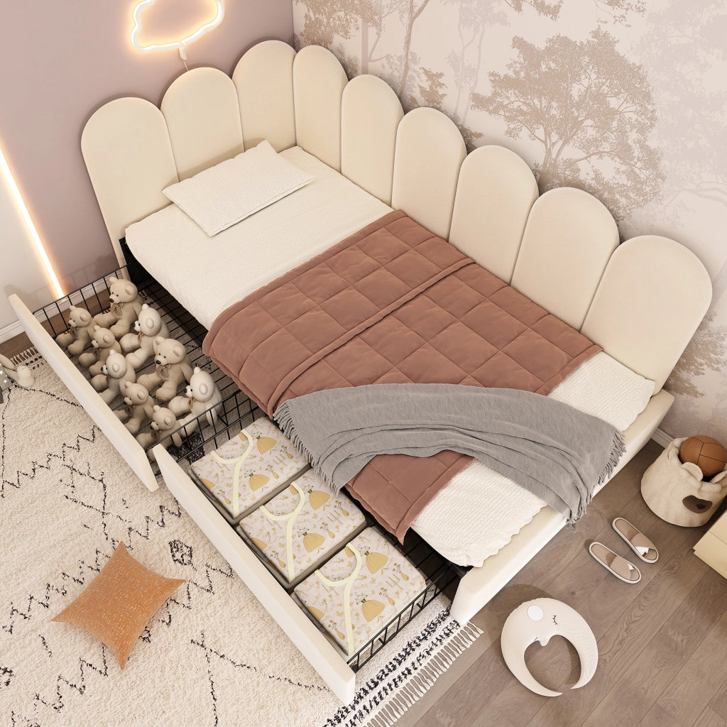 LETTO singolo 90x200 cm in velluto beige con 2 cassetti