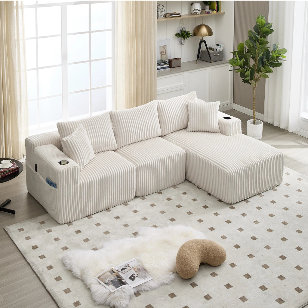 Divano Modulare con Chaise Longue e 2 Posti ¨C MINIMAL ¨C Velluto a Coste, Cuscini, Portabicchieri