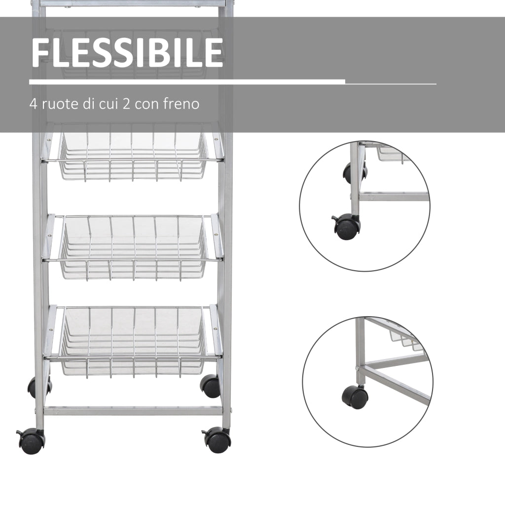 EasyComfort Carrello da Cucina Salvaspazio con 4 Cesti Estraibili in Legno e Acciaio, 36.5x36.5x89 cm, Argento e color Legno