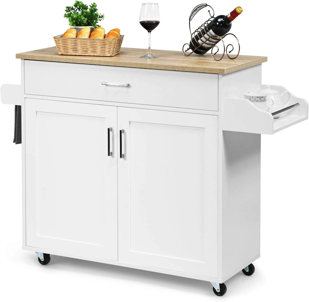 Carrello da Cucina con Ruote di Gomma, Scaffale per Microonde Carrello Servizio, Mobile Cucina con Ripiani e Ante, Credenza Cucina Legno Moderno Elegante, 116 x 37 x 85 cm (Bianco)