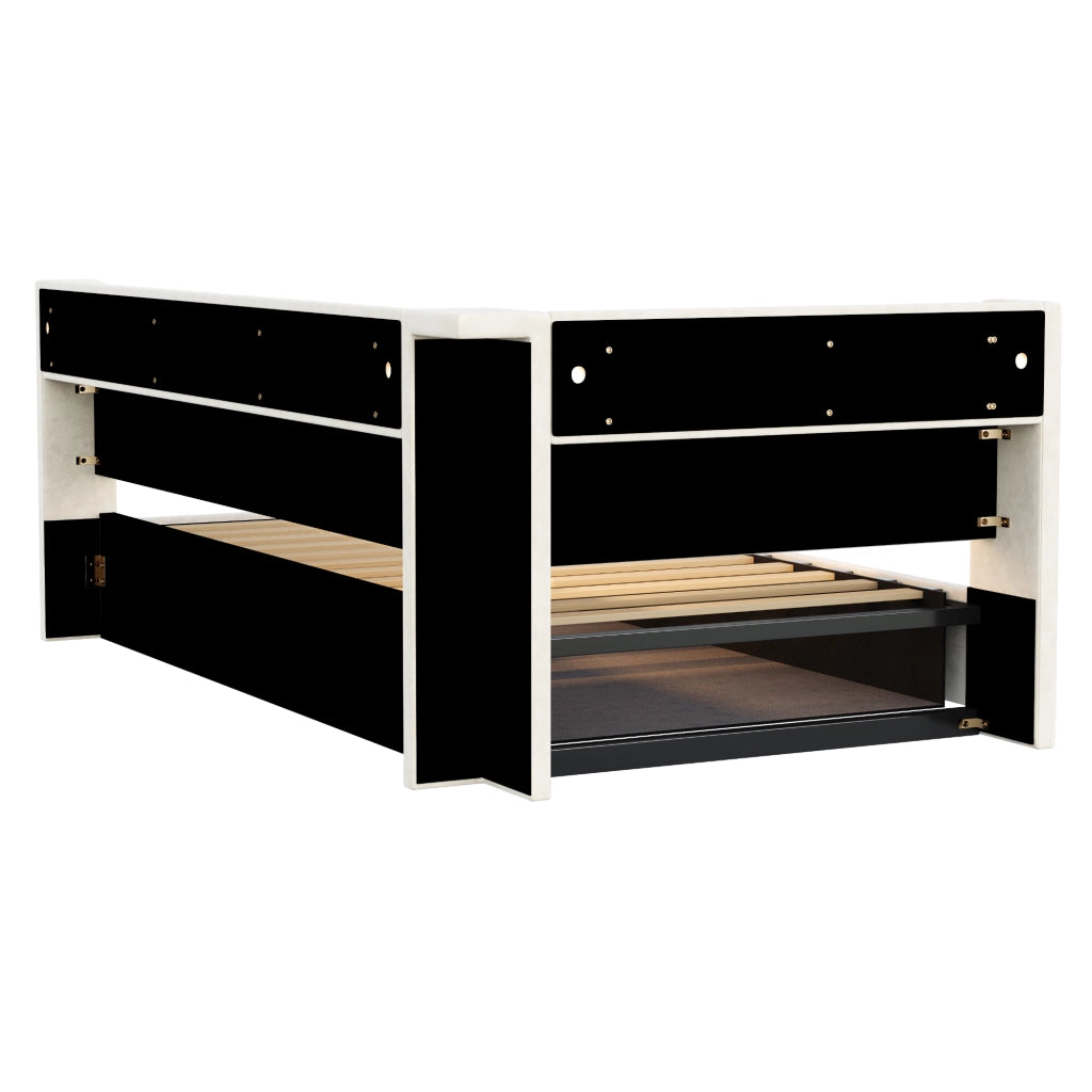 DIVANO LETTO 90x200 cm in velluto beige con vano contenitore, LED e prese