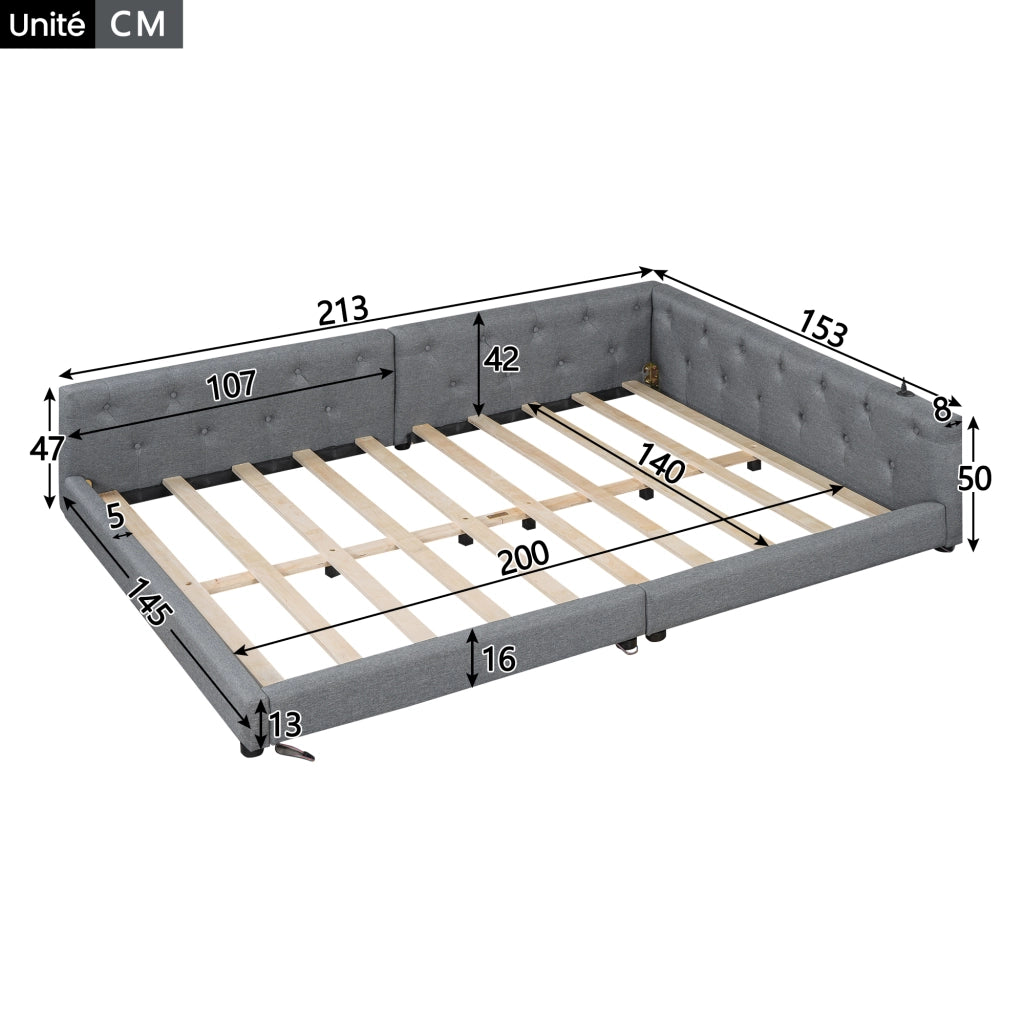 OKWISH Letto Divano 140×200 cm, Letto Matrimoniale con USB, Type C e LED Regolabile, senza Materasso, in Lino, Grigio