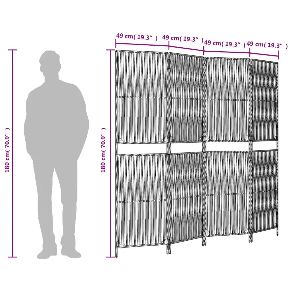 Divisorio per Ambienti | Divider per stanze | Paravento a 4 Pannelli Grigio in Polyrattan