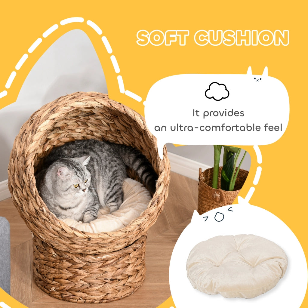 Letto per Gatti in Rattan con Cuscino ¨C Minimal ¨C Marrone 50x42x60 cm