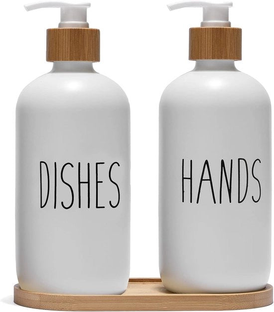 Set di Sapone in Vetro - Ideale per Bagno e Cucina - 2 pezzi - Bianco - Pompa in Bambù